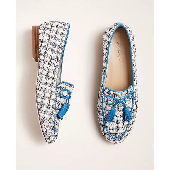 Ann Taylor Ursula Tweed Tassel Loafers Blue Size 7M Slip On Round Toe - Picture 1 of 8